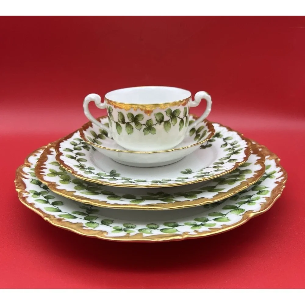 Antique T&V Limoges France Depose Green Vine w Rich Gold Rim 5 Place Setting